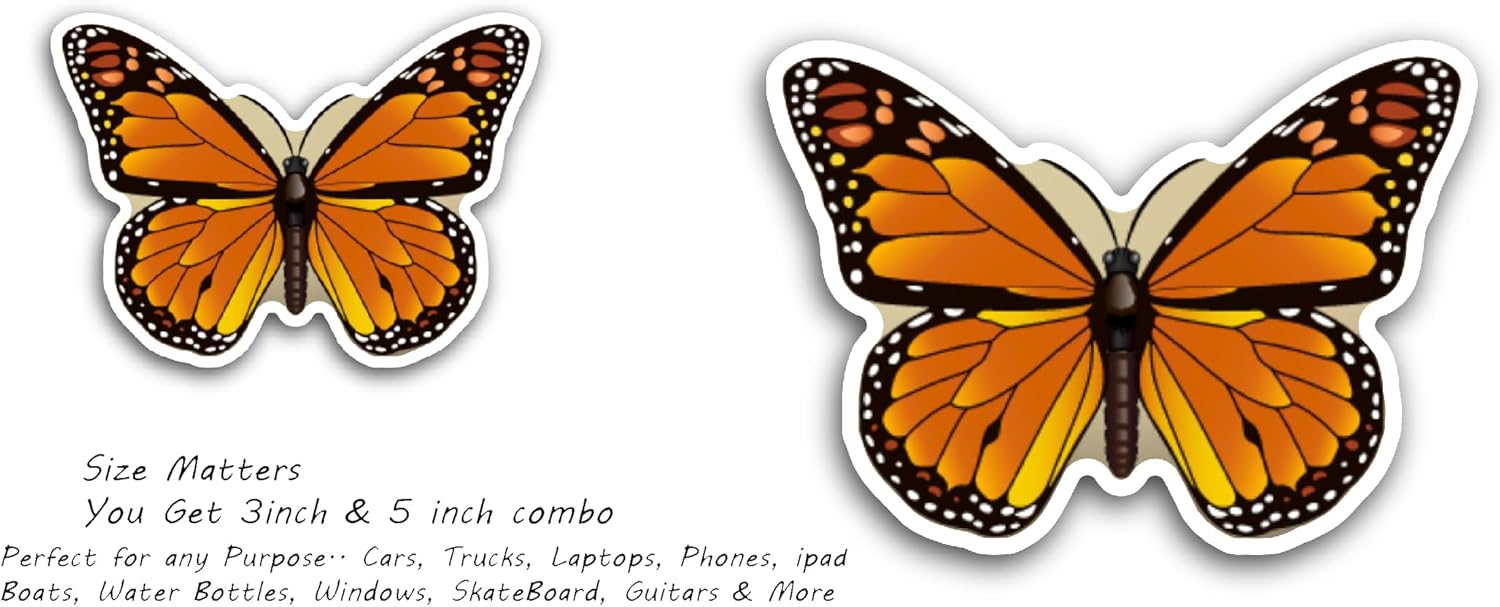 2 (Pieces) 3" and 5" Butterfly with Orange Wings Sticker, Waterproof Vinyl Decals for Many Purpose Like Cars, Trucks, Laptops, Phones, Windows and More