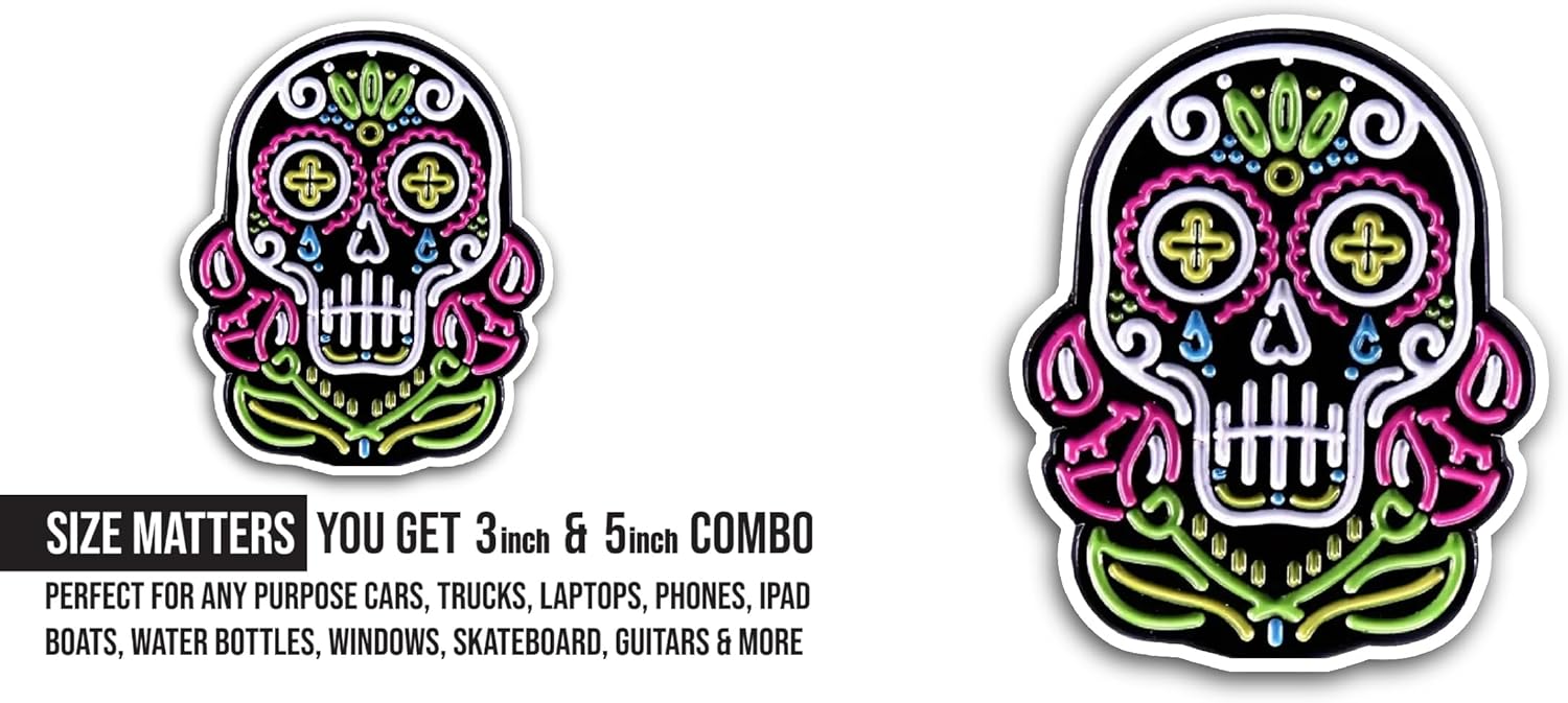 2 (Pieces) 3" and 5" Colorful Skull Sticker, Waterproof Vinyl Decals for Many Purpose Like Cars, Trucks, Laptops, Phones, Windows and More