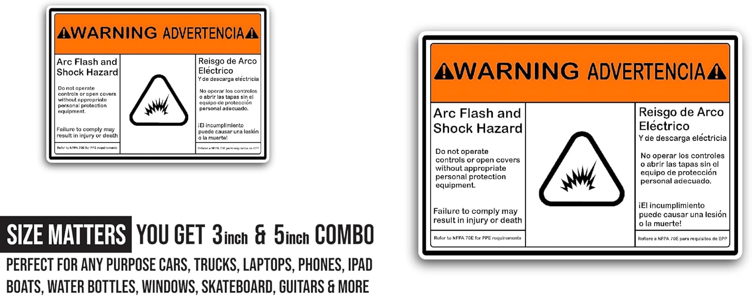 2 (Pieces) 3" and 5" Electrical Arc Flash Hazard Sticker, Waterproof Vinyl Decals for Many Purpose Like Cars, Trucks, Laptops, Phones, Windows and More