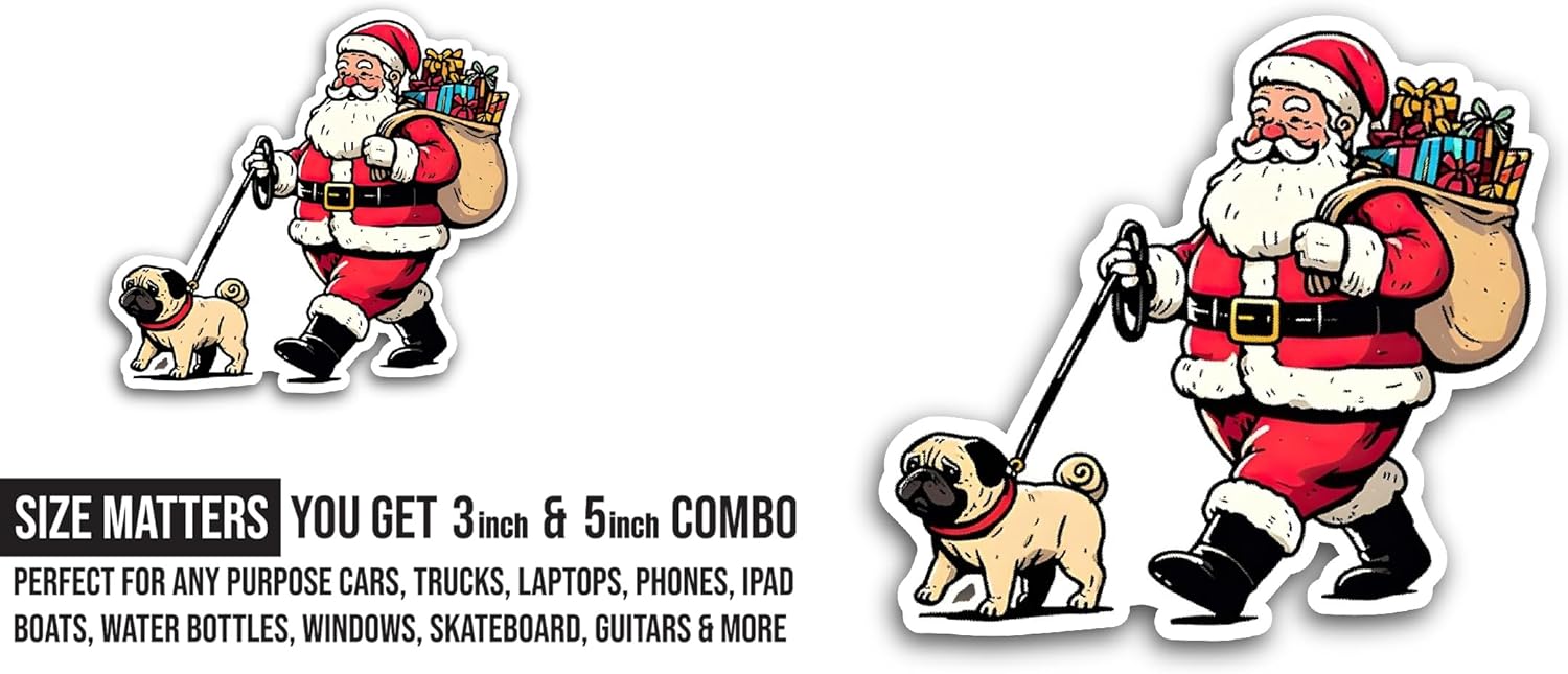 2 (Pieces) 3" and 5" Pug Dog Santa Claus Sticker, Waterproof Vinyl Decals for Many Purpose Like Cars, Trucks, Laptops, Phones, Windows and More