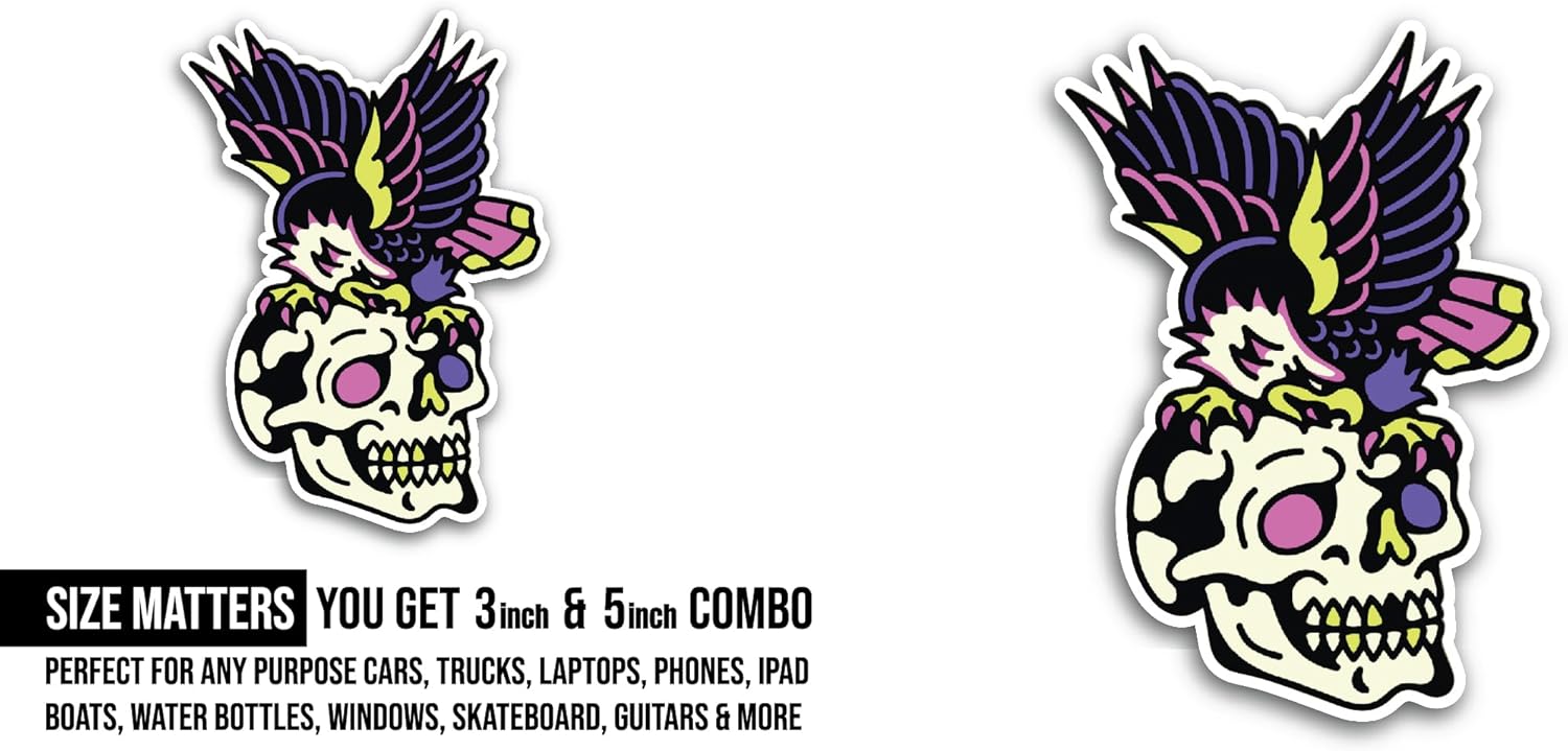 2 (Pieces) 3" and 5" Skull with Wings Sticker, Waterproof Vinyl Decals for Many Purpose Like Cars, Trucks, Laptops, Phones, Windows and More