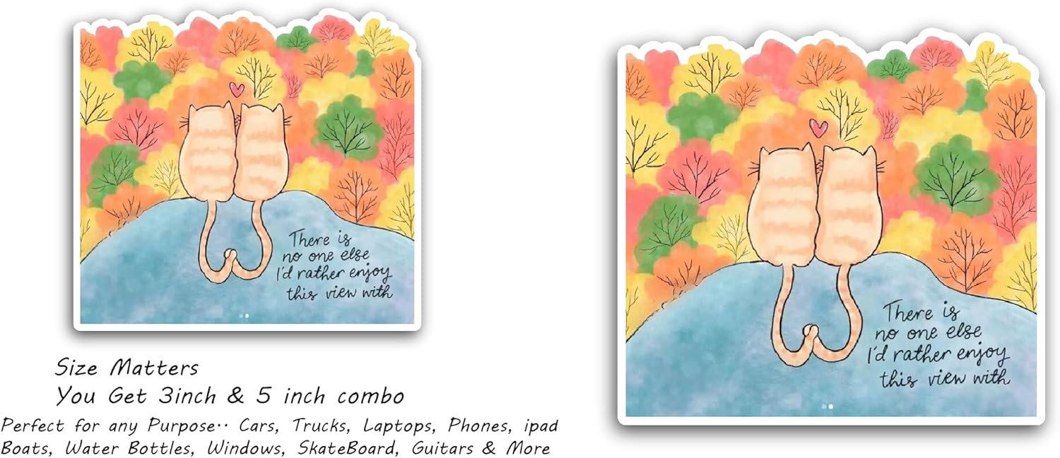 2 (Pieces) 3" and 5" Cute Cats Hugging On Blue Mountain Sticker, Waterproof Vinyl Decals for Many Purpose Like Cars, Trucks, Laptops, Phones, Windows and More