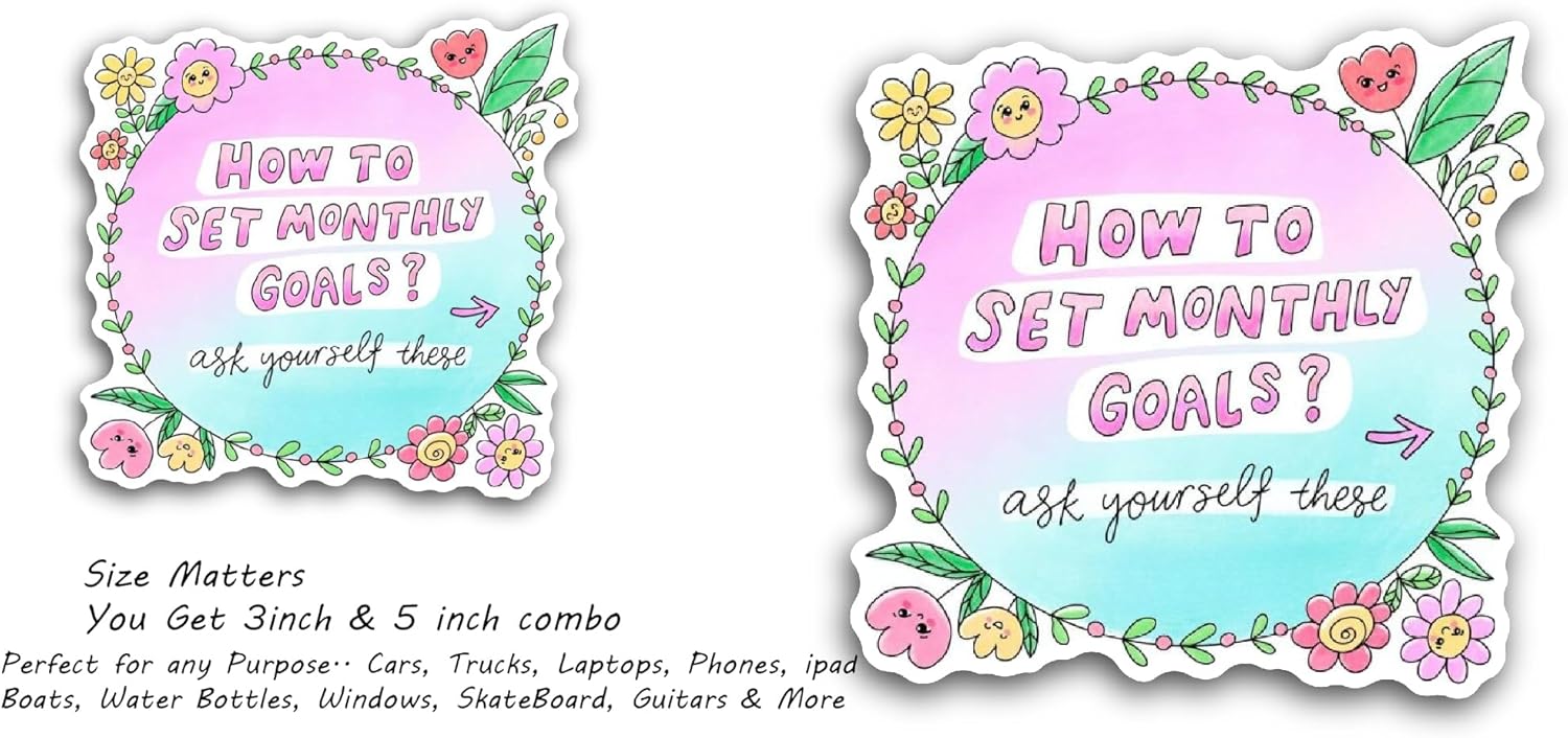 2 (Pieces) 3" and 5" How to Set Monthly Goals Text Sticker, Waterproof Vinyl Decals for Many Purpose Like Cars, Trucks, Laptops, Phones, Windows and More