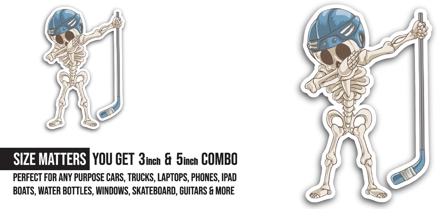 2 (Pieces) 3" and 5" Dabbing Skeleton Hockey Sticker, Waterproof Vinyl Decals for Many Purpose Like Cars, Trucks, Laptops, Phones, Windows and More