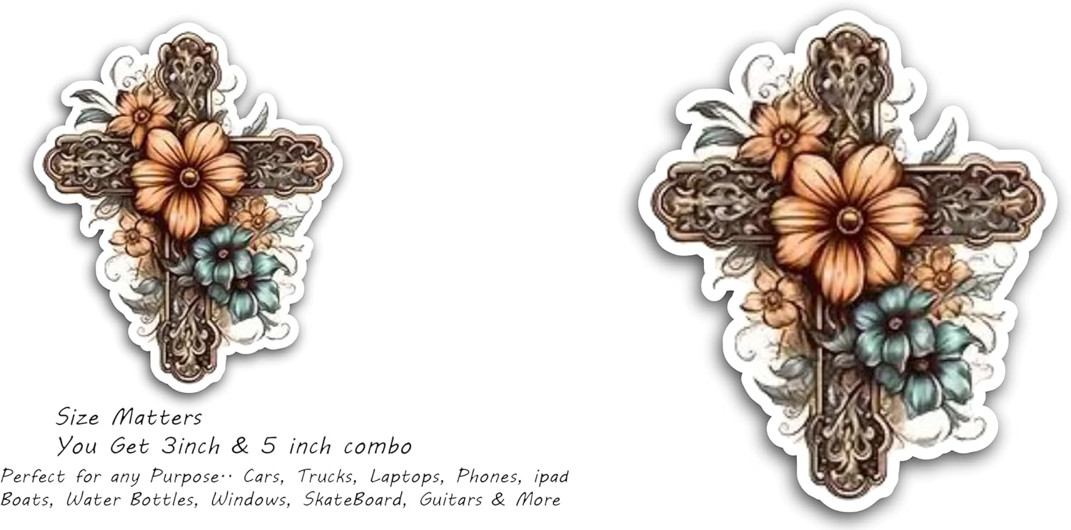 2 (Pieces) 3" and 5" Cross with Orange and Blue Colour Flower at The Center Decal Sticker,Waterproof Vinyl Decals for Many Purpose Like Cars, Trucks, Laptops, Phones, Windows and More