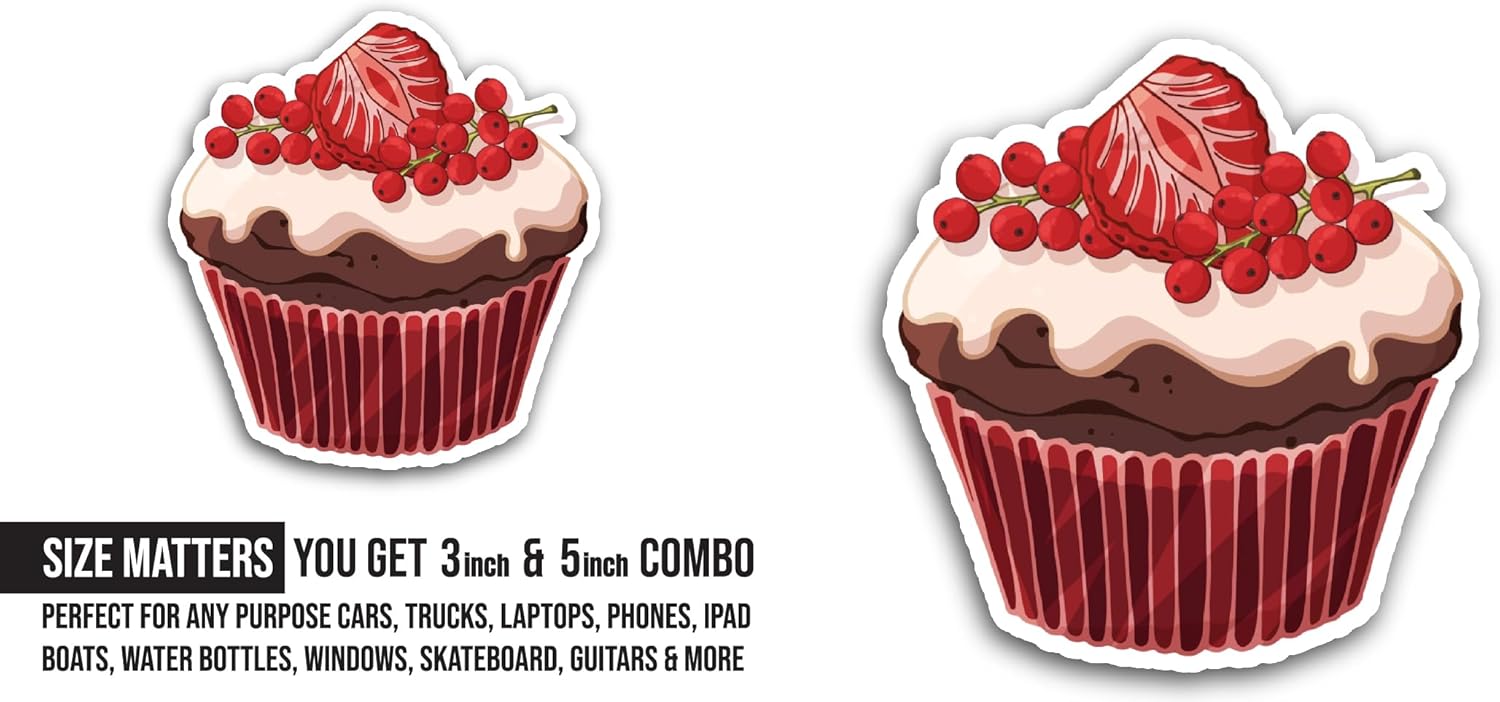 2 (Pieces) 3" and 5" Cupcake with Strawberry Sticker, Waterproof Vinyl Decals for Many Purpose Like Cars, Trucks, Laptops, Phones, Windows and More