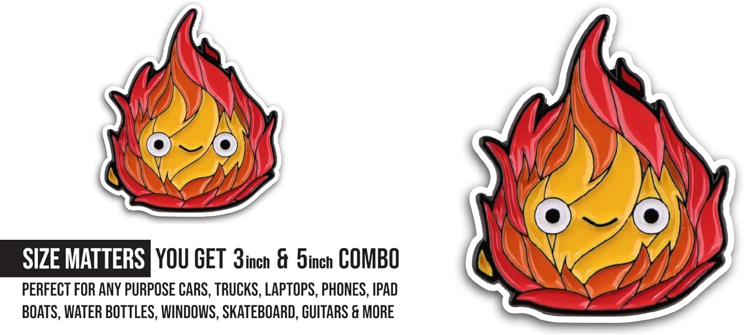 2 (Pieces) 3" and 5" Fire Icon with Eyes Sticker, Waterproof Vinyl Decals for Many Purpose Like Cars, Trucks, Laptops, Phones, Windows and More