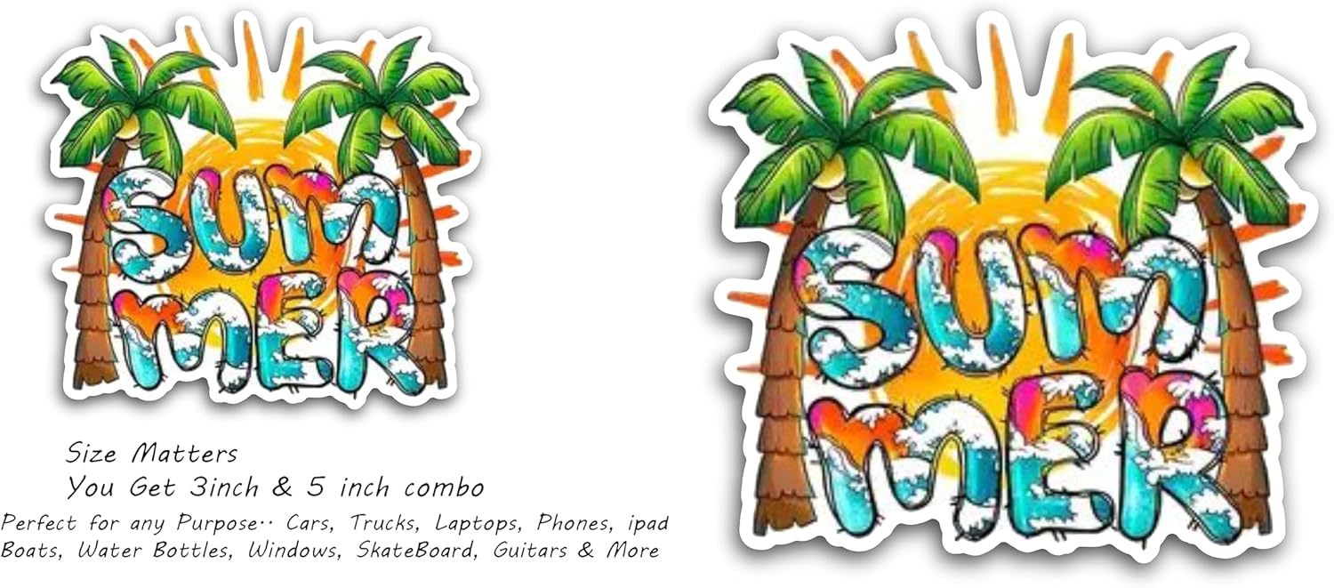 2 (Pieces) 3" and 5" Summer Waves and Sun, Waterproof Vinyl Decals for Many Purpose Like Cars, Trucks, Laptops, Phones, Windows and More