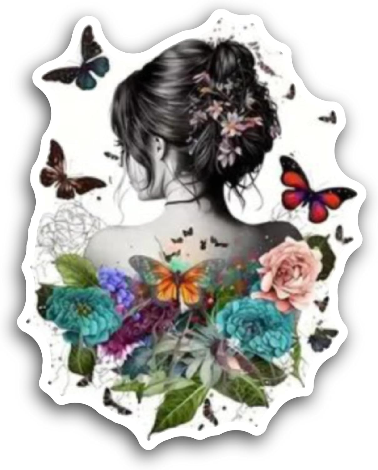 2 (Pieces) 3" and 5" Girl with Butterflies Sticker, Waterproof Vinyl Decals for Many Purpose Like Cars, Trucks, Laptops, Phones, Windows and More