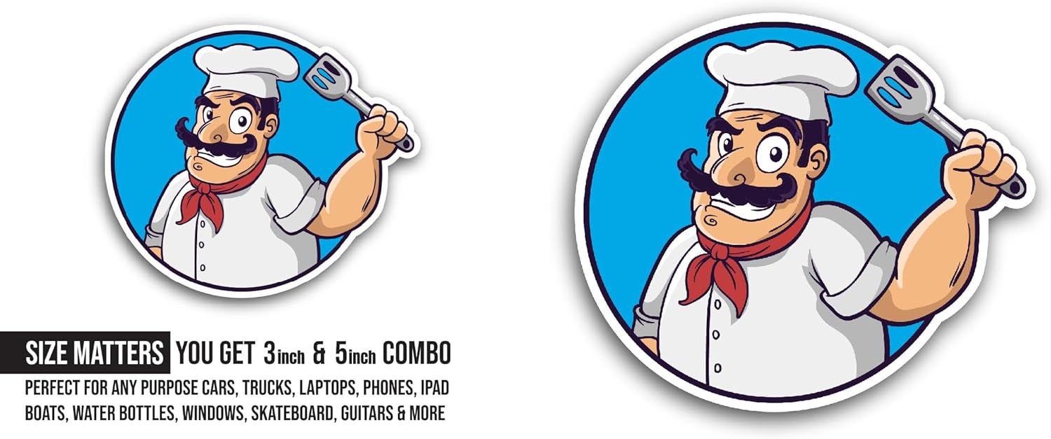 2 (Pieces) 3" and 5" Hand Drawn Chef Sticker, Waterproof Vinyl Decals for Many Purpose Like Cars, Trucks, Laptops, Phones, Windows and More