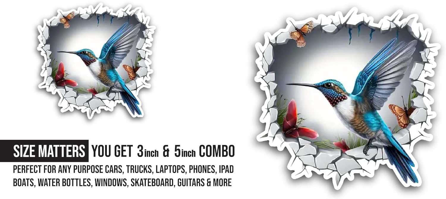 2 (Pieces) 3" and 5" Hummingbird Sticker, Waterproof Vinyl Decals for Many Purpose Like Cars, Trucks, Laptops, Phones, Windows and More