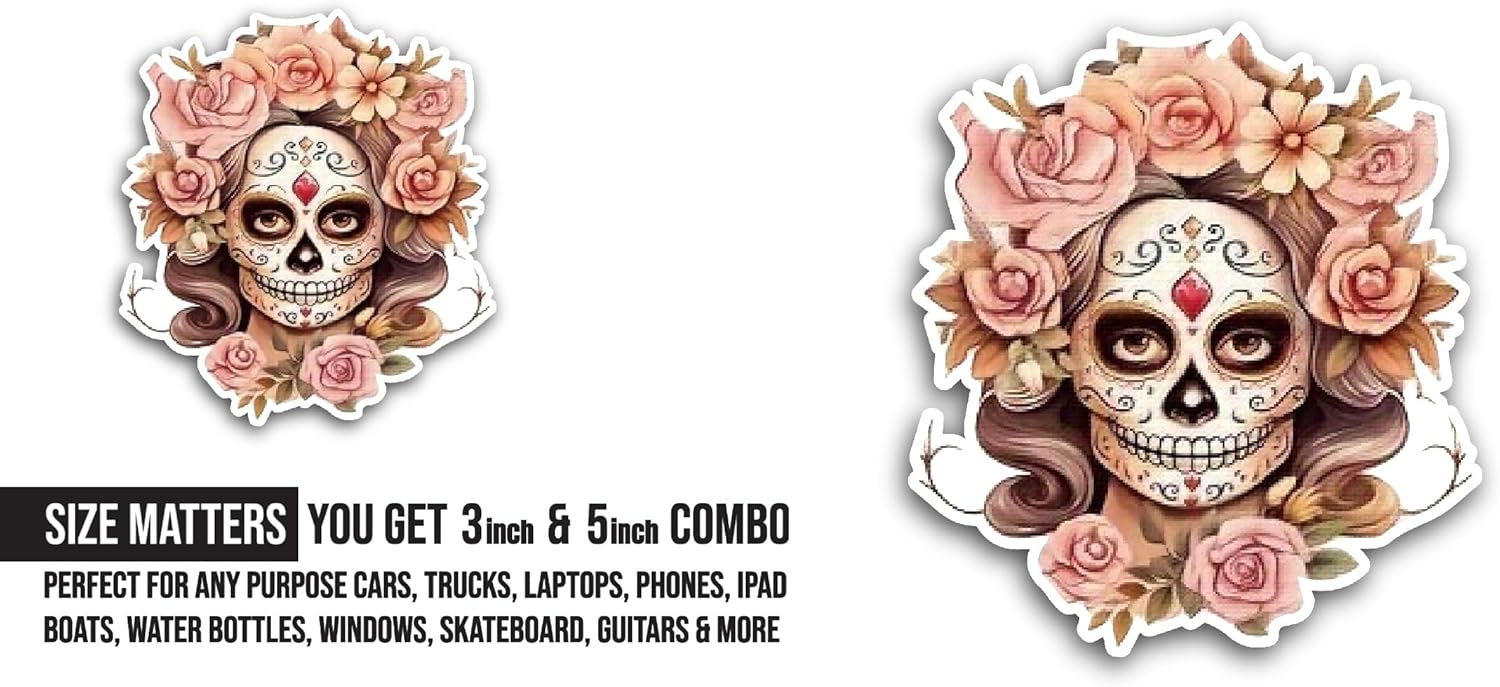 2 (Pieces) 3" and 5" Sugar Skull Girl with Flowers Sticker, Waterproof Vinyl Decals for Many Purpose Like Cars, Trucks, Laptops, Phones, Windows and More