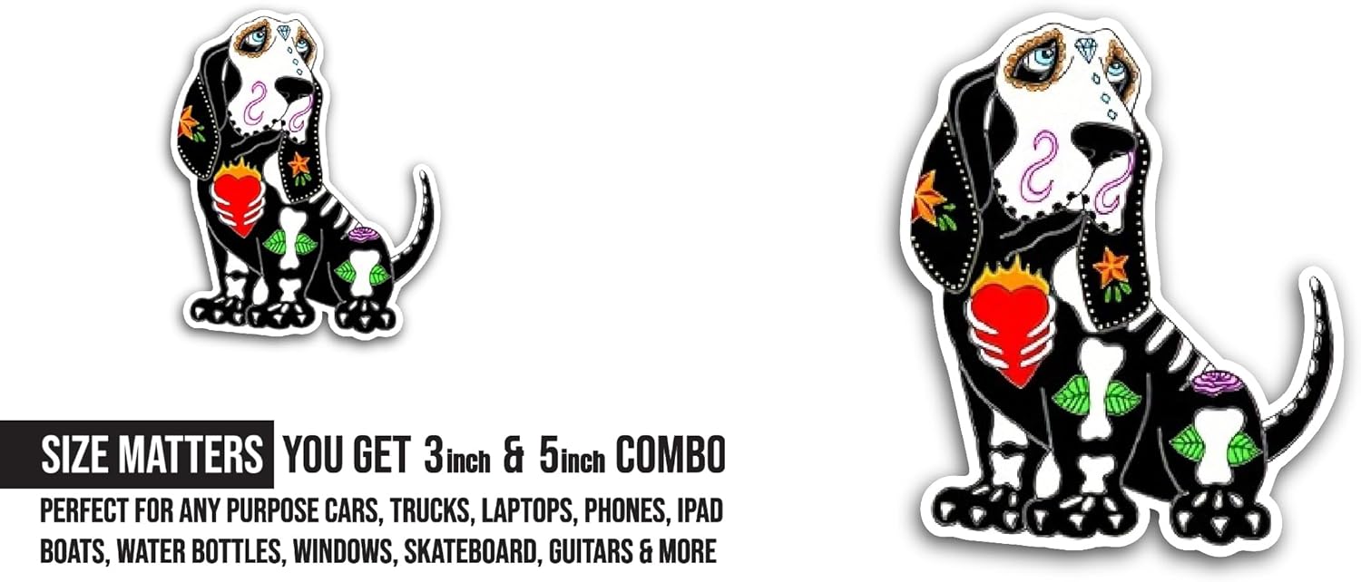 2 (Pieces) 3" and 5" Basset Hound Sugar Skull Sticker, Waterproof Vinyl Decals for Many Purpose Like Cars, Trucks, Laptops, Phones, Windows and More