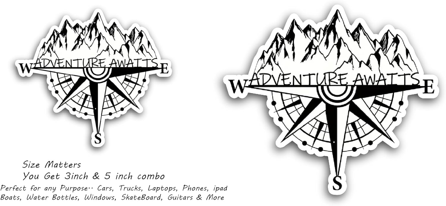 2 (Pieces) 3" and 5" Mountain and Compass Sticker, Waterproof Vinyl Decals for Many Purpose Like Cars, Trucks, Laptops, Phones, Windows and More