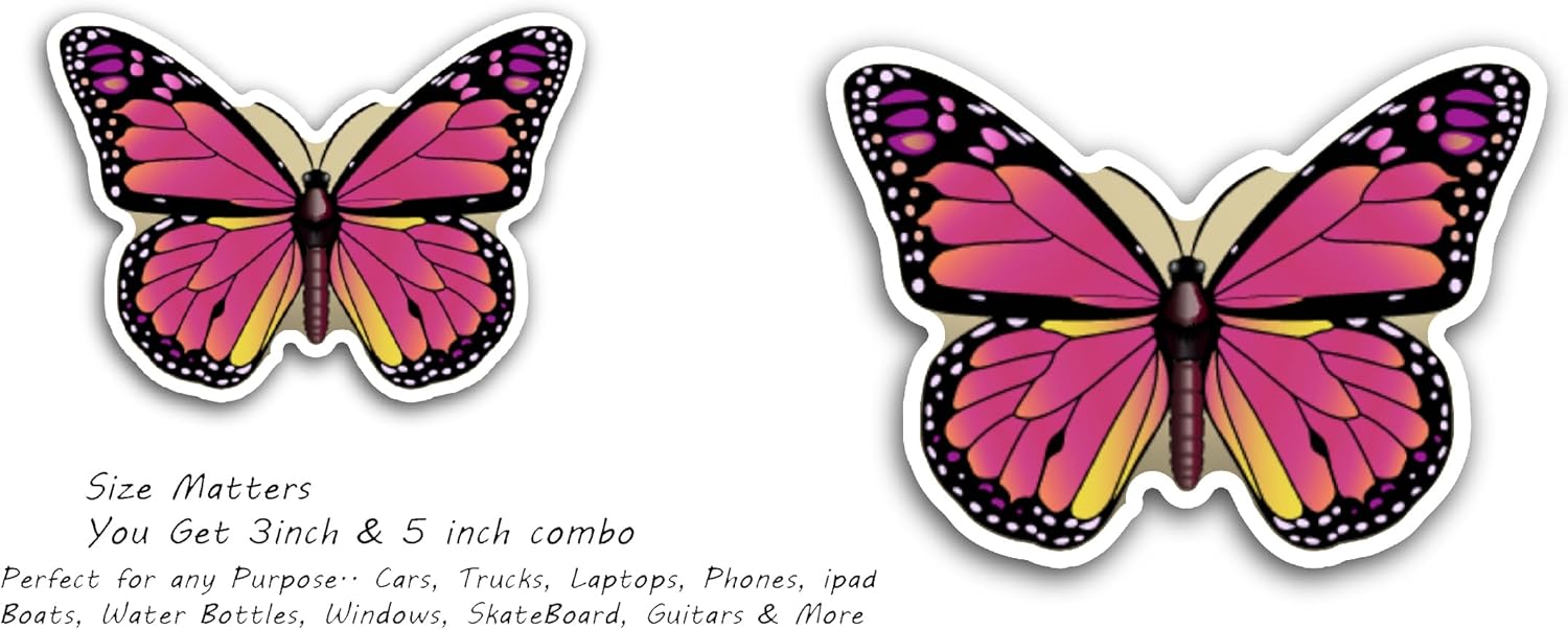 2 (Pieces) 3" and 5" Pink Monarck Butterfly Sticker, Waterproof Vinyl Decals for Many Purpose Like Cars, Trucks, Laptops, Phones, Windows and More
