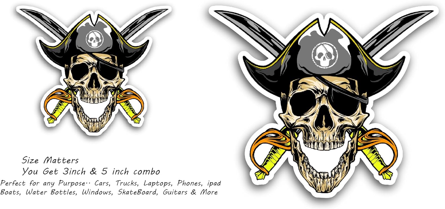 2 (Pieces) 3" and 5" Skull Pirates with Cross Swords Sticker, Waterproof Vinyl Decals for Many Purpose Like Cars, Trucks, Laptops, Phones, Windows and More