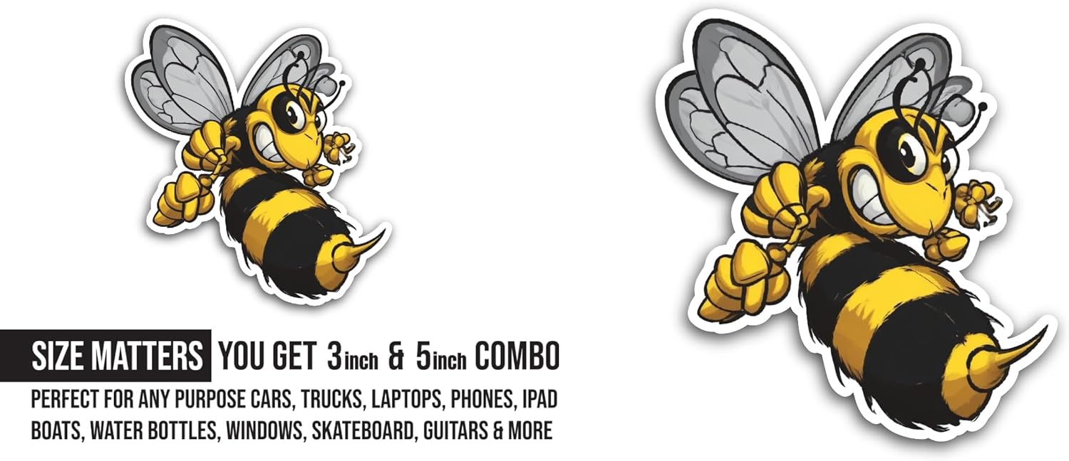 2 (Pieces) 3" and 5" Angry Bee Sticker, Waterproof Vinyl Decals for Many Purpose Like Cars, Trucks, Laptops, Phones, Windows and More
