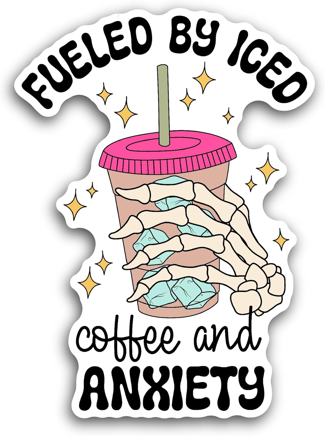 2 (Pieces) 3" and 5" Fueled by Iced Coffee and Anxiety Sticker, Waterproof Vinyl Decals for Many Purpose Like Cars, Trucks, Laptops, Phones, Windows and More