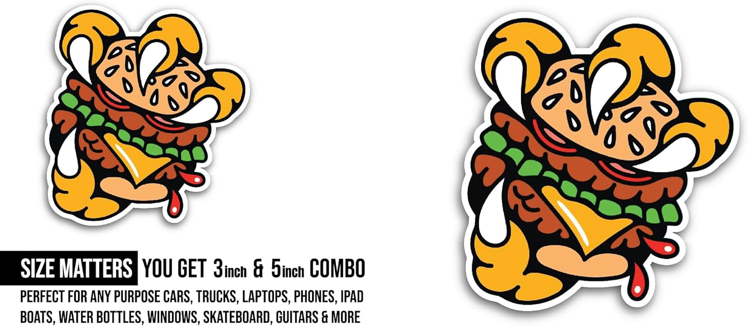 2 (Pieces) 3" and 5" Burger with Hand Sticker, Waterproof Vinyl Decals for Many Purpose Like Cars, Trucks, Laptops, Phones, Windows and More