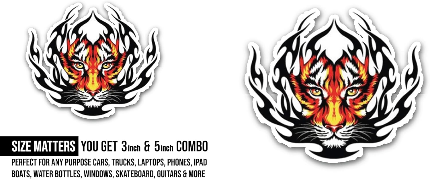 2 (Pieces) 3" and 5" Flaming Tiger Head Sticker, Waterproof Vinyl Decals for Many Purpose Like Cars, Trucks, Laptops, Phones, Windows and More