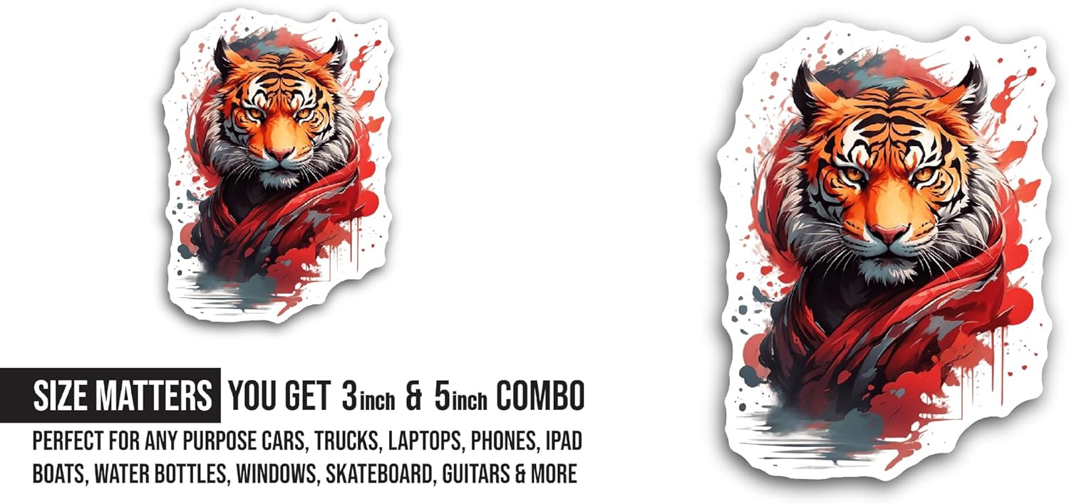 2 (Pieces) 3" and 5" Tiger Art Sticker, Waterproof Vinyl Decals for Many Purpose Like Cars, Trucks, Laptops, Phones, Windows and More