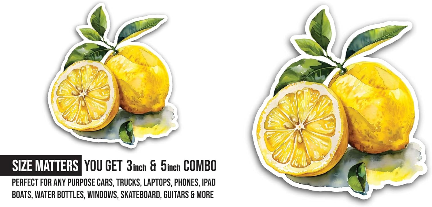 2 (Pieces) 3" and 5" Lemons Sticker, Waterproof Vinyl Decals for Many Purpose Like Cars, Trucks, Laptops, Phones, Windows and More