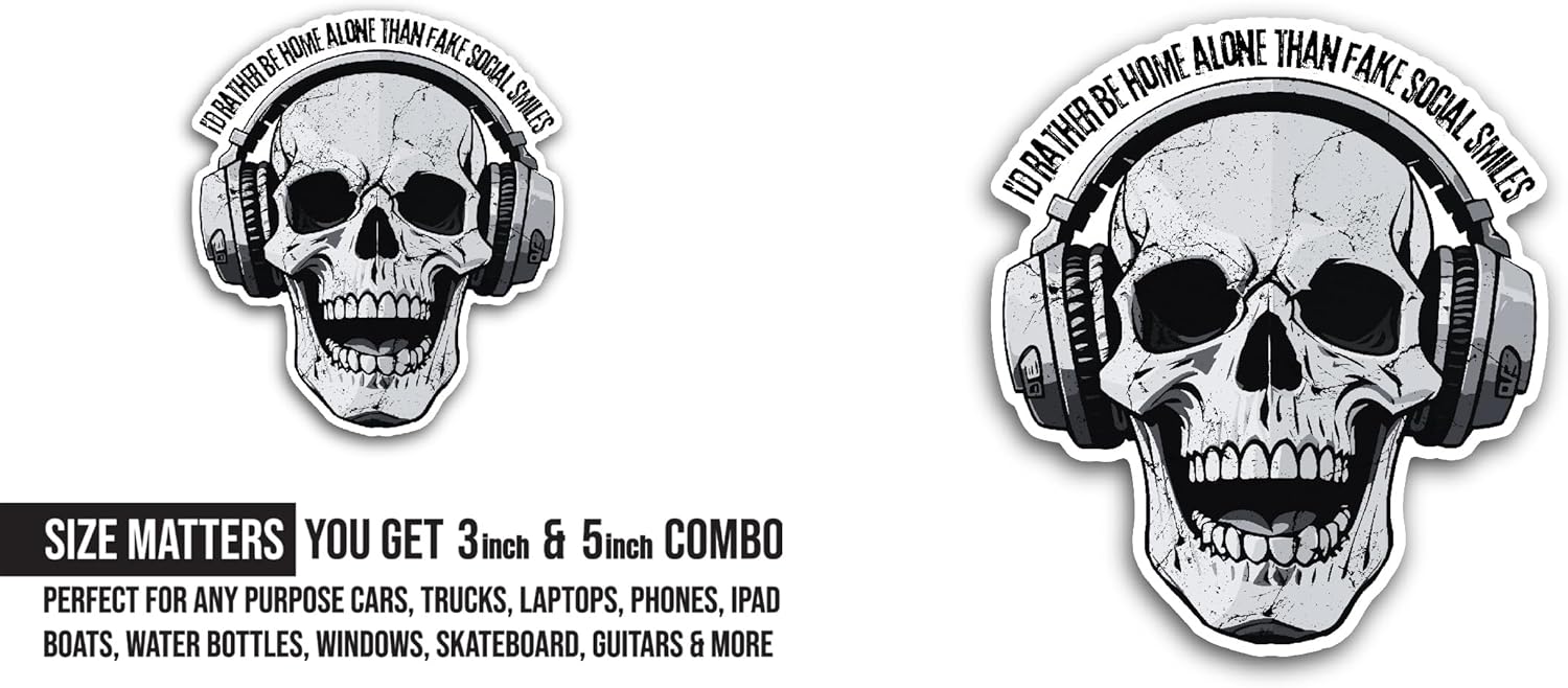 2 (Pieces) 3" and 5" Skull with Headphones Sticker, Waterproof Vinyl Decals for Many Purpose Like Cars, Trucks, Laptops, Phones, Windows and More