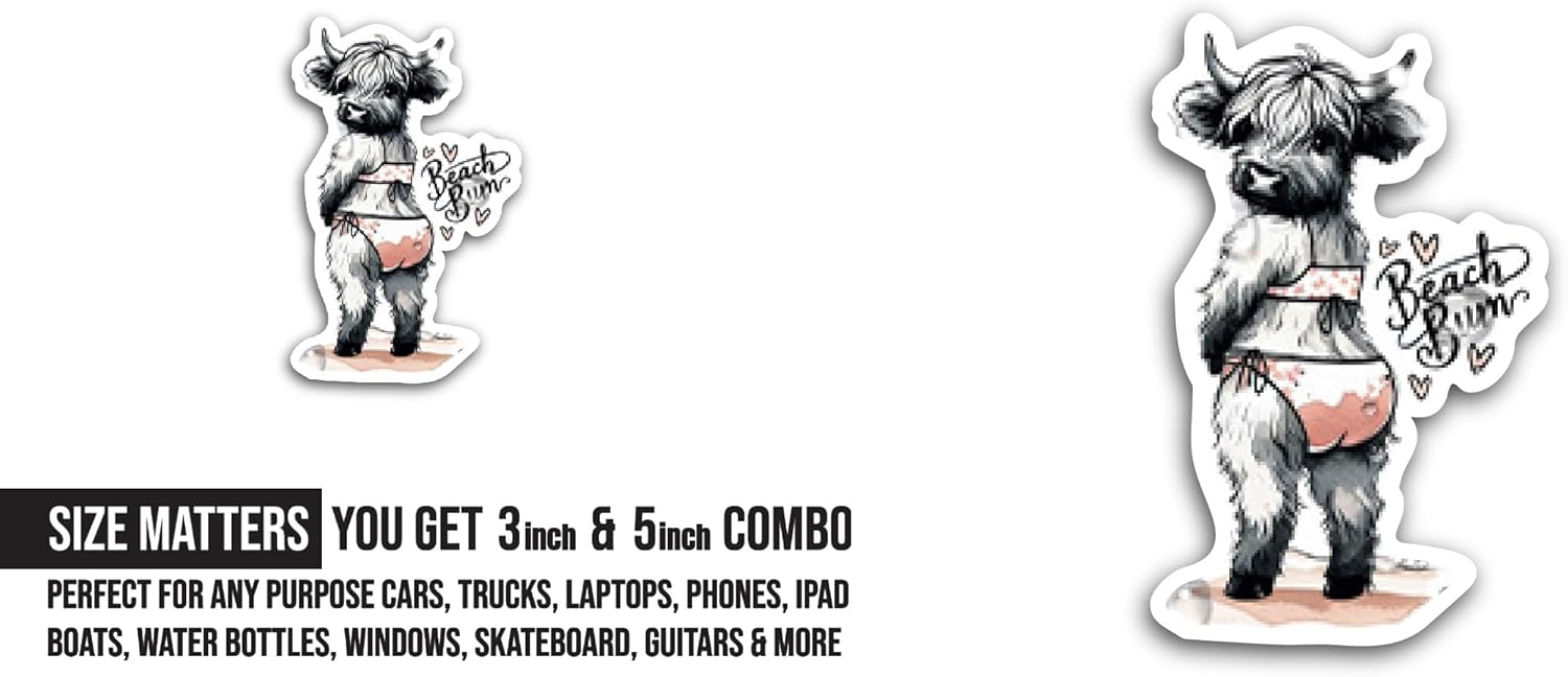 2 (Pieces) 3" and 5" Cute Cow Sticker, Waterproof Vinyl Decals for Many Purpose Like Cars, Trucks, Laptops, Phones, Windows and More