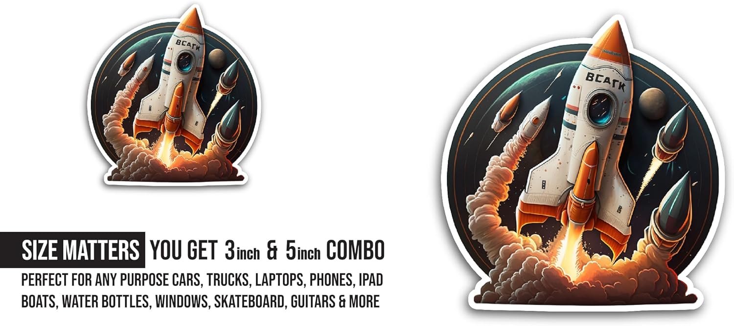 2 (Pieces) 3" and 5" Space Rocket Sticker, Waterproof Vinyl Decals for Many Purpose Like Cars, Trucks, Laptops, Phones, Windows and More