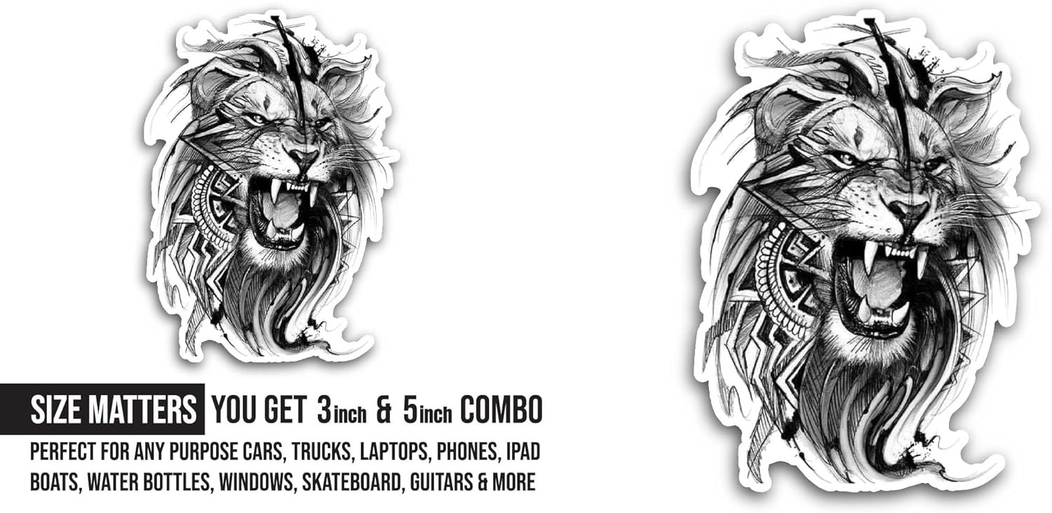 2 (Pieces) 3" and 5" Angry Lion Sticker, Waterproof Vinyl Decals for Many Purpose Like Cars, Trucks, Laptops, Phones, Windows and More