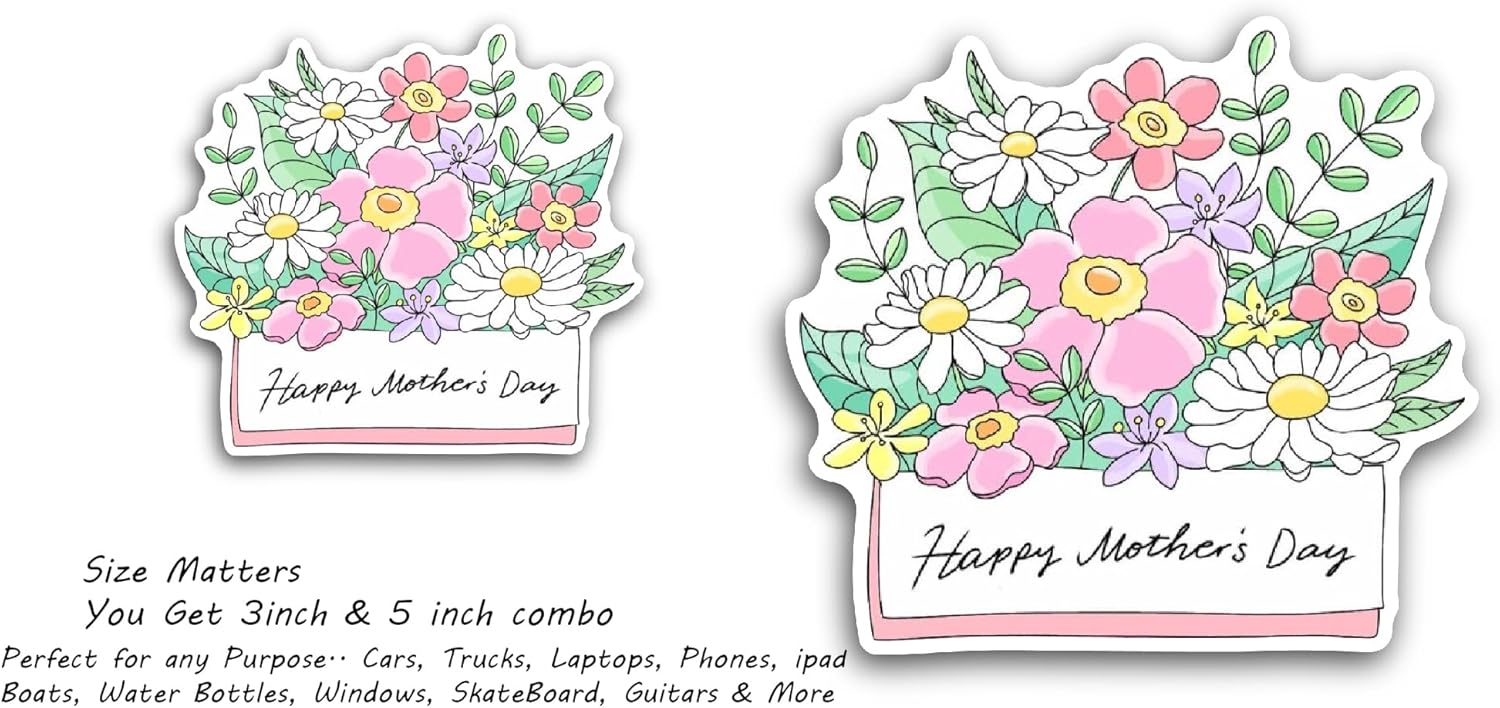 2 (Pieces) 3" and 5" Happy Mother's Day Text with Flowers Sticker, Waterproof Vinyl Decals for Many Purpose Like Cars, Trucks, Laptops, Phones, Windows and More