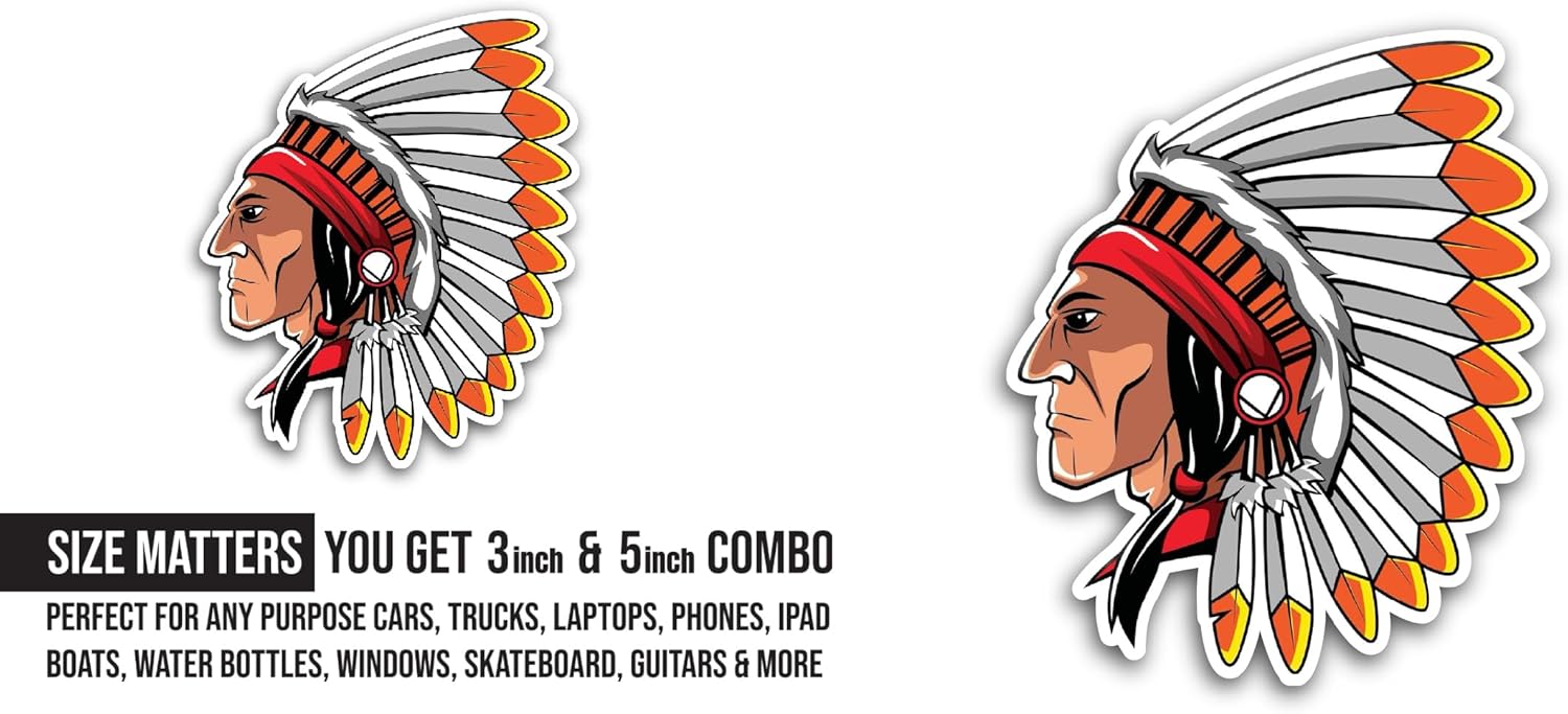 2 (Pieces) 3" and 5" Red Indian Sticker, Waterproof Vinyl Decals for Many Purpose Like Cars, Trucks, Laptops, Phones, Windows and More