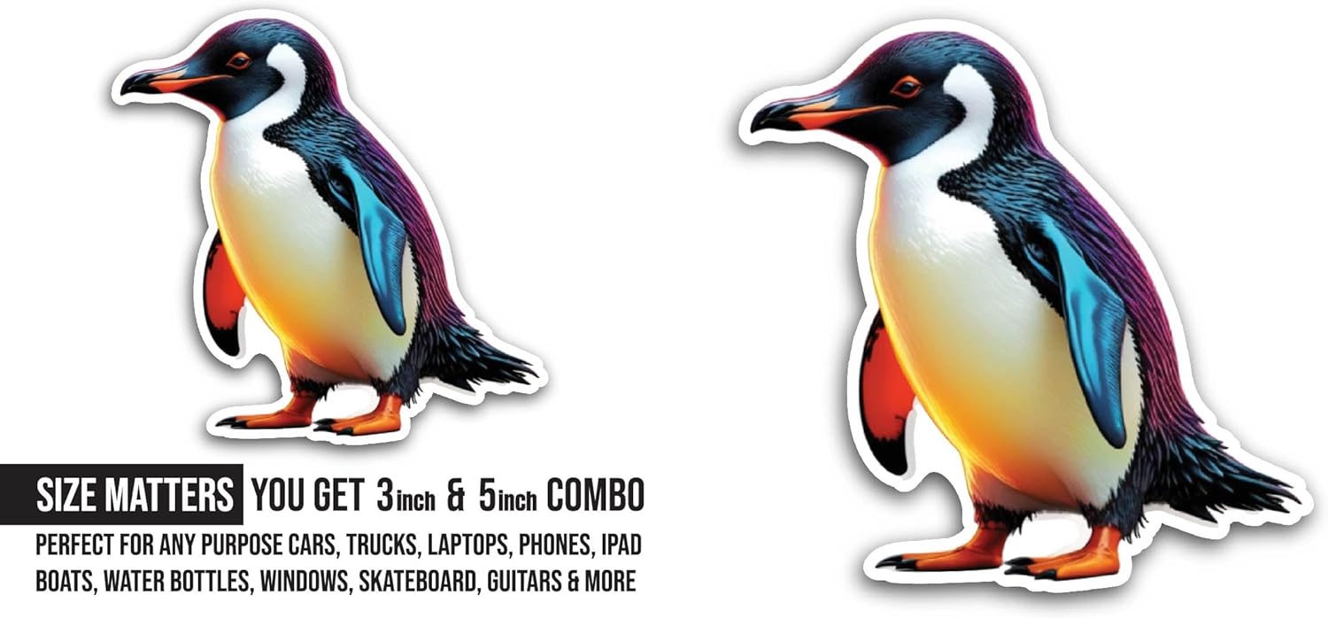 2 (Pieces) 3" and 5" Cartoon of A Penguin Sticker, Waterproof Vinyl Decals for Many Purpose Like Cars, Trucks, Laptops, Phones, Windows and More