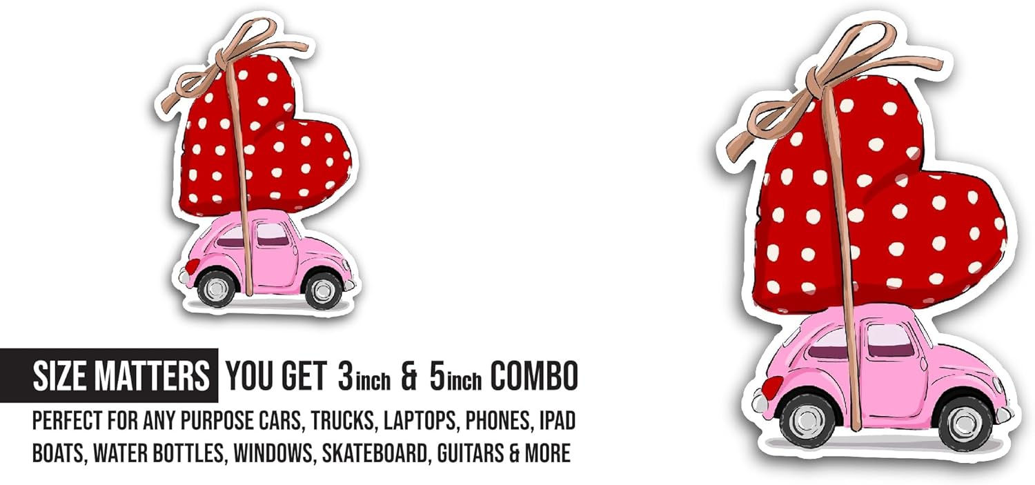 2 (Pieces) 3" and 5" Car with Red Heart Sticker, Waterproof Vinyl Decals for Many Purpose Like Cars, Trucks, Laptops, Phones, Windows and More