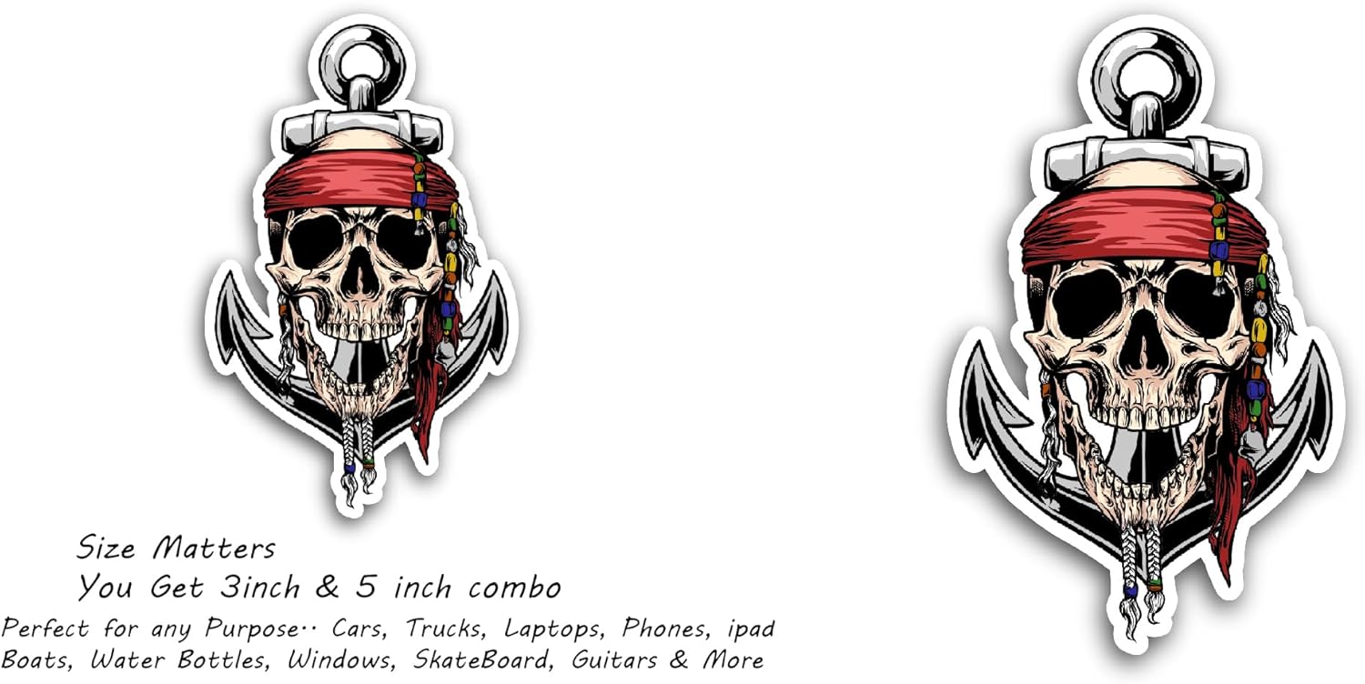 2 (Pieces) 3" and 5" Skull Pirates with Anchor Symbol Sticker, Waterproof Vinyl Decals for Many Purpose Like Cars, Trucks, Laptops, Phones, Windows and More