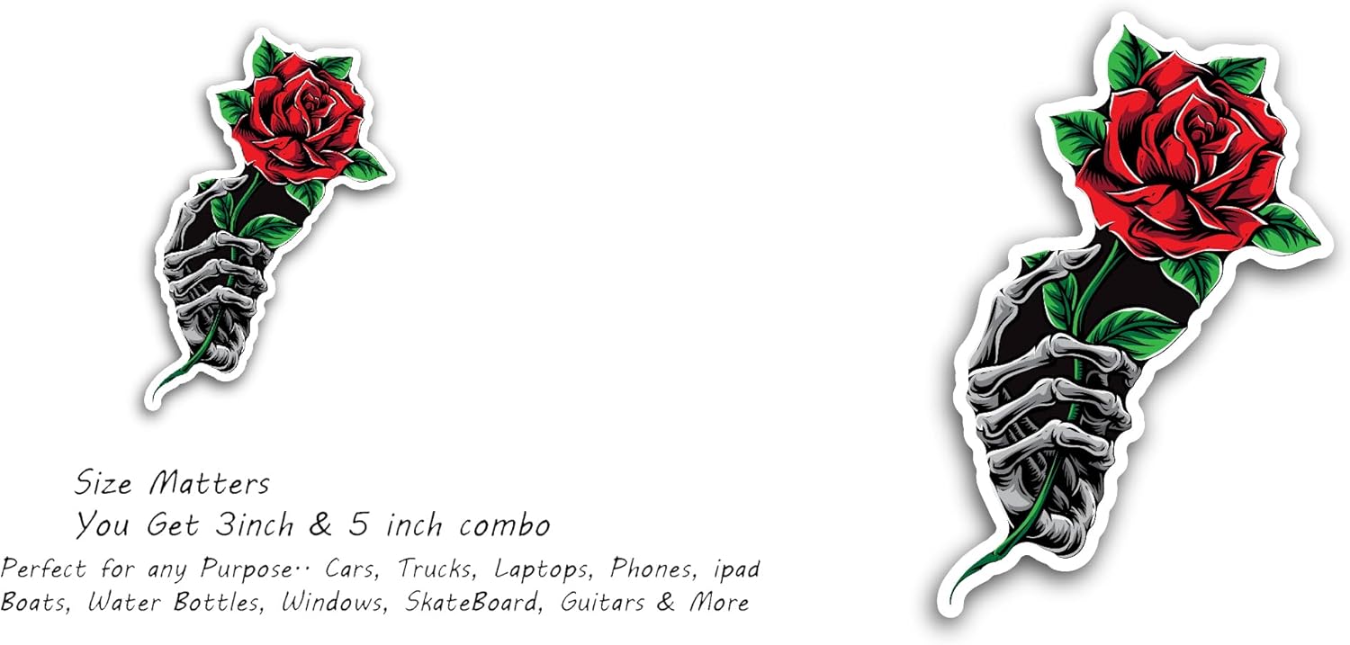 2 (Pieces) 3" and 5" Skeloton Holding Rose Sticker, Waterproof Vinyl Decals for Many Purpose Like Cars, Trucks, Laptops, Phones, Windows and More