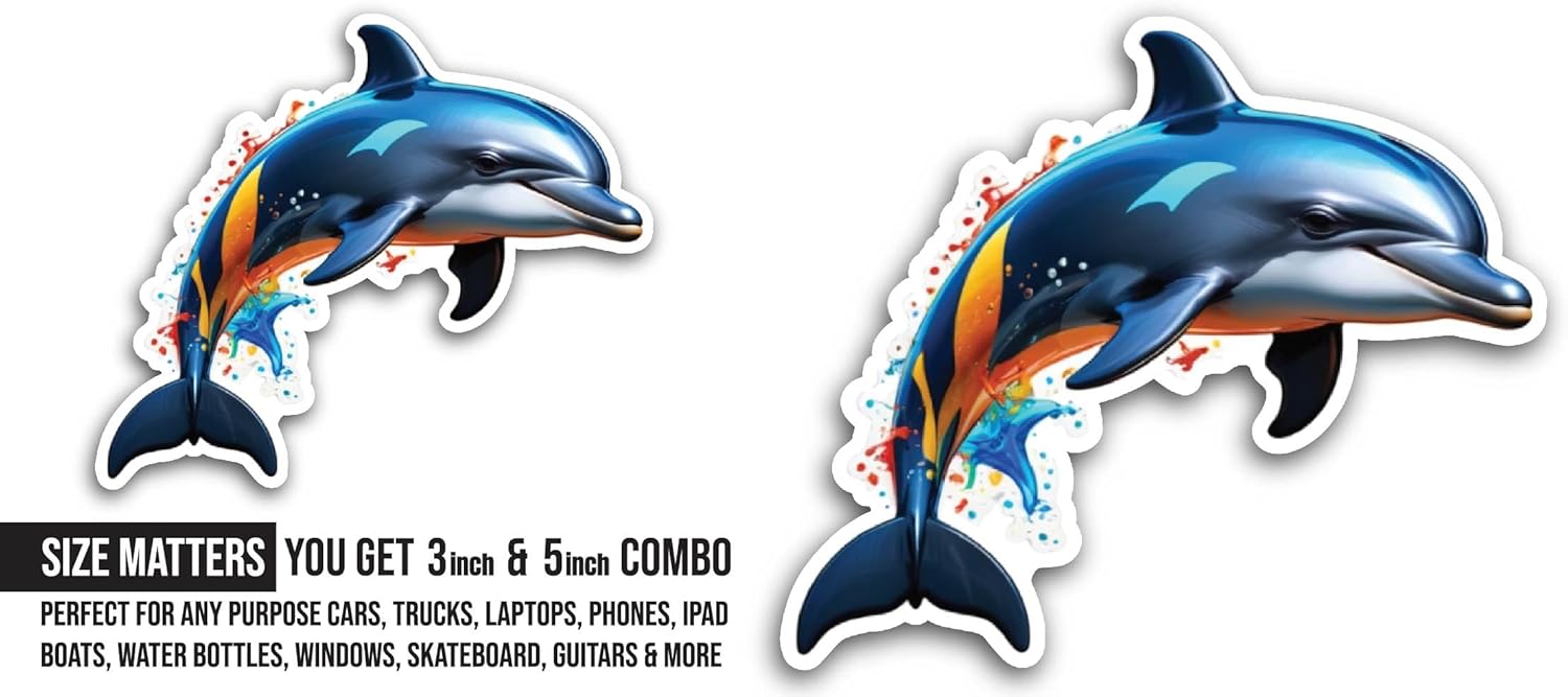 2 (Pieces) 3" and 5" Colorful Dolphin Sticker, Waterproof Vinyl Decals for Many Purpose Like Cars, Trucks, Laptops, Phones, Windows and More
