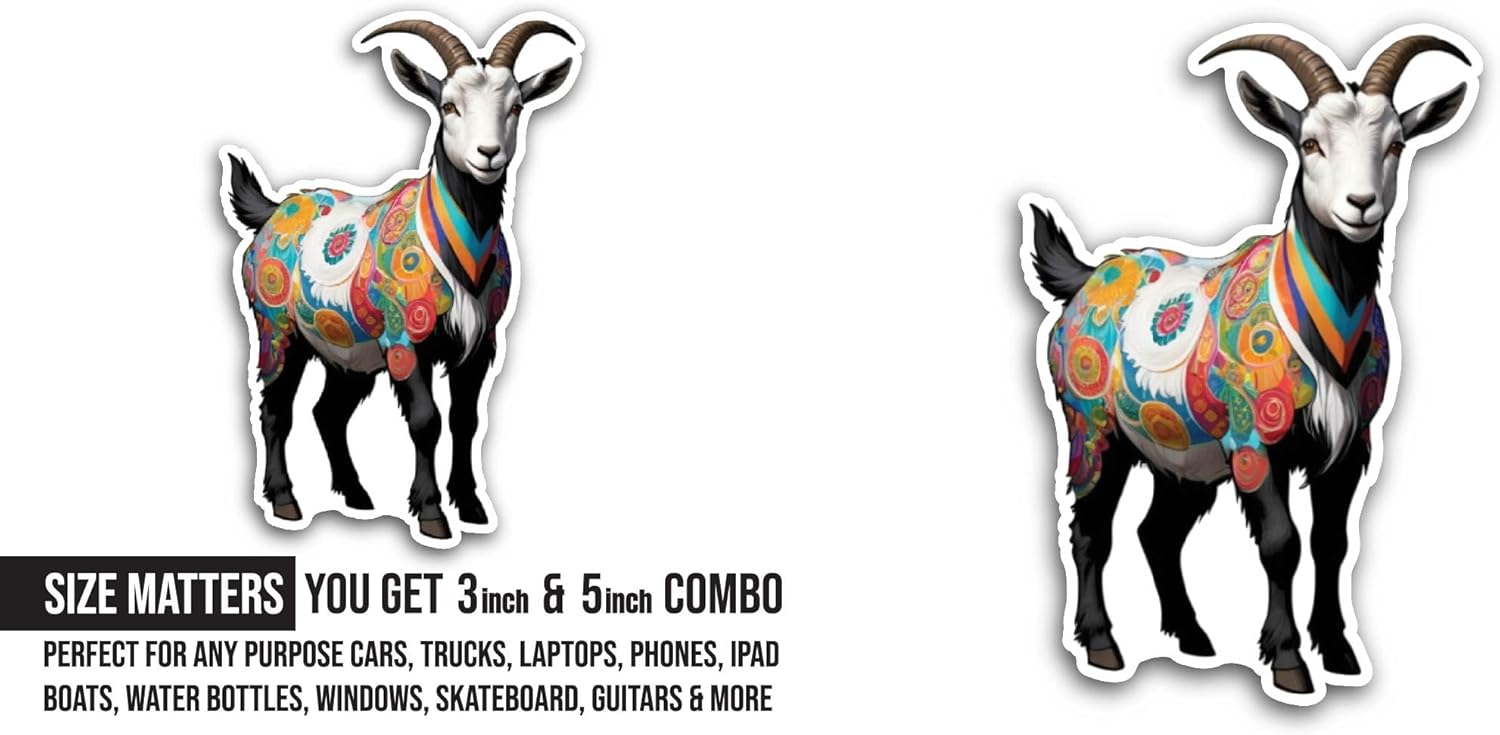 2 (Pieces) 3" and 5" Colorful Goat Sticker, Waterproof Vinyl Decals for Many Purpose Like Cars, Trucks, Laptops, Phones, Windows and More