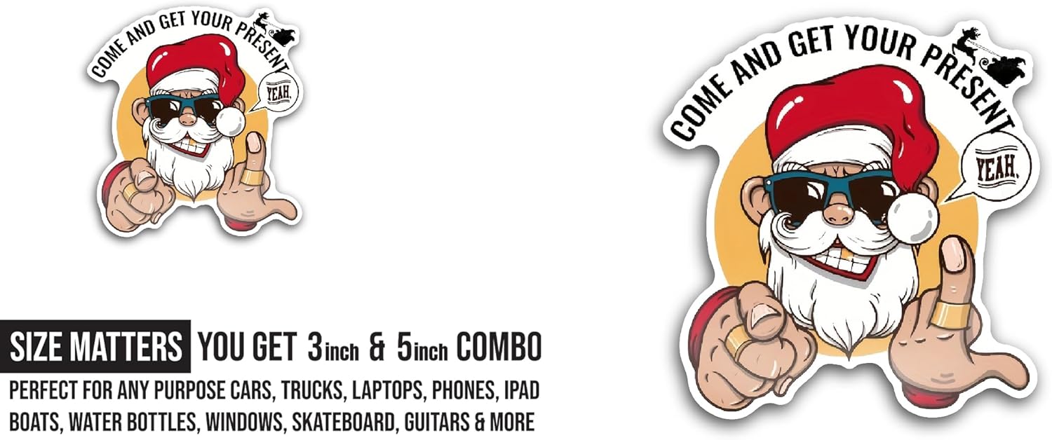 2 (Pieces) 3" and 5" Cool Santa Claus Sticker, Waterproof Vinyl Decals for Many Purpose Like Cars, Trucks, Laptops, Phones, Windows and More