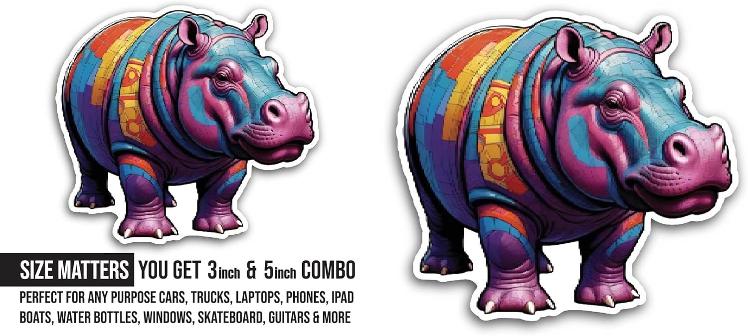 2 (Pieces) 3" and 5" Colorful Hippopotamus Sticker, Waterproof Vinyl Decals for Many Purpose Like Cars, Trucks, Laptops, Phones, Windows and More