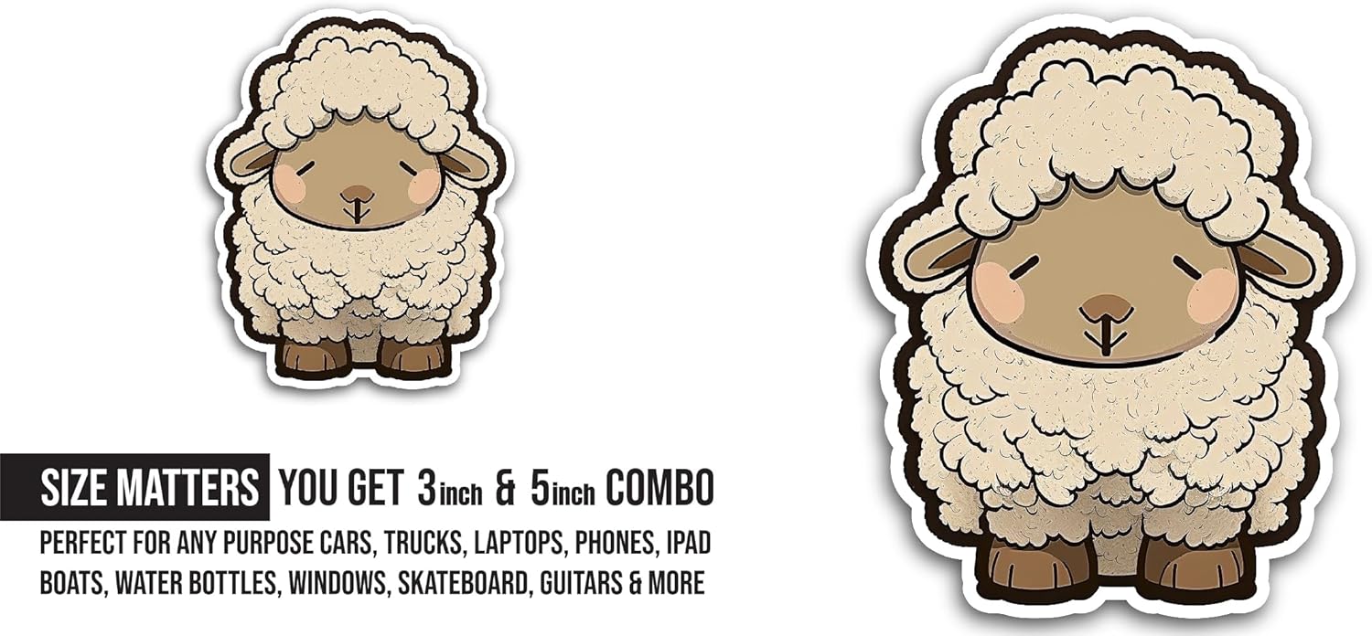 2 (Pieces) 3" and 5" Cute Sheep Sticker, Waterproof Vinyl Decals for Many Purpose Like Cars, Trucks, Laptops, Phones, Windows and More