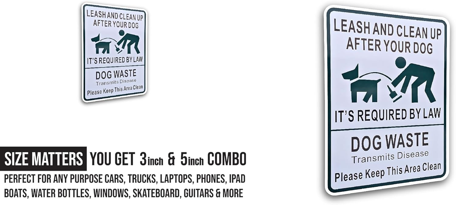 2 (Pieces) 3" and 5" Leash and Clean Up After Your Dog Sticker, Waterproof Vinyl Decals for Many Purpose Like Cars, Trucks, Laptops, Phones, Windows and More