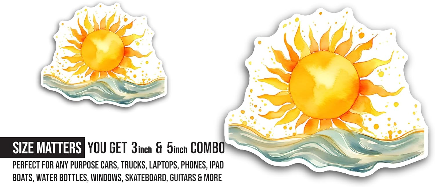 2 (Pieces) 3" and 5" Yellow Sun and Ocean Sticker, Waterproof Vinyl Decals for Many Purpose Like Cars, Trucks, Laptops, Phones, Windows and More