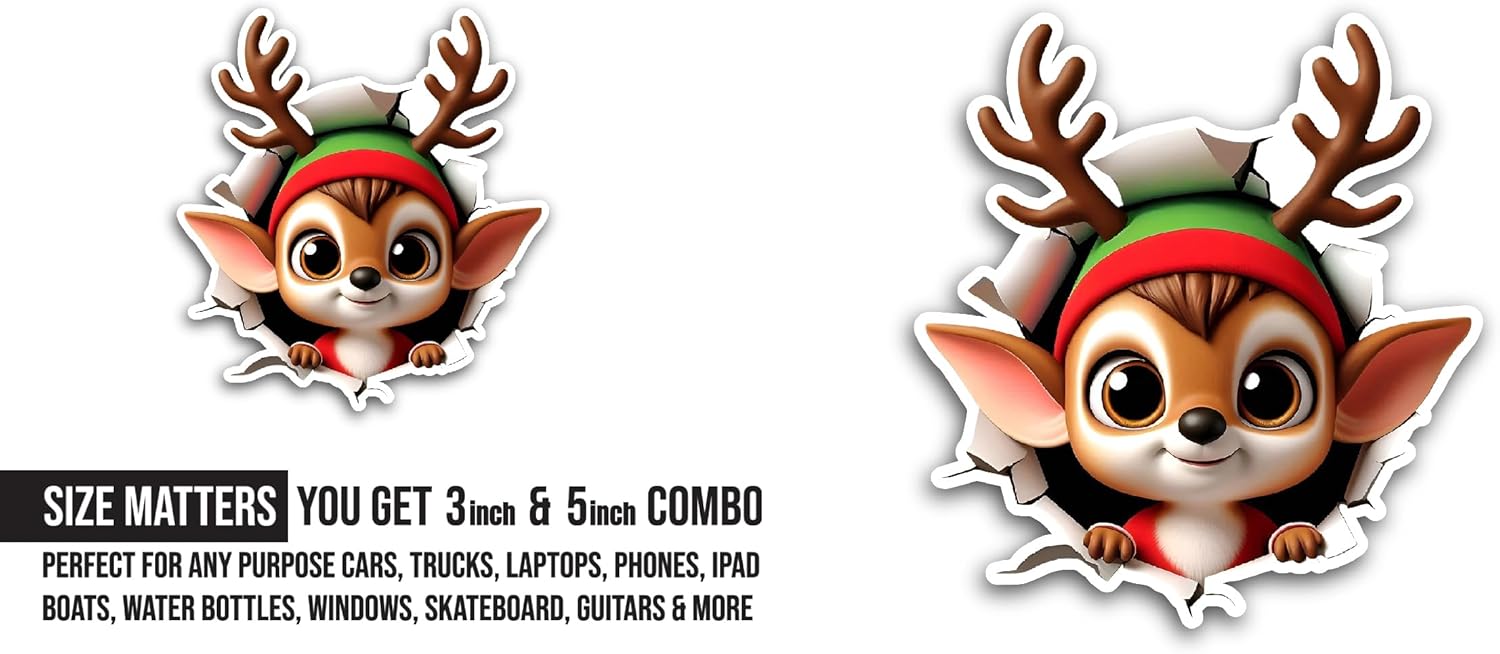 2 (Pieces) 3" and 5" Christmas Reindeer Sticker, Waterproof Vinyl Decals for Many Purpose Like Cars, Trucks, Laptops, Phones, Windows and More
