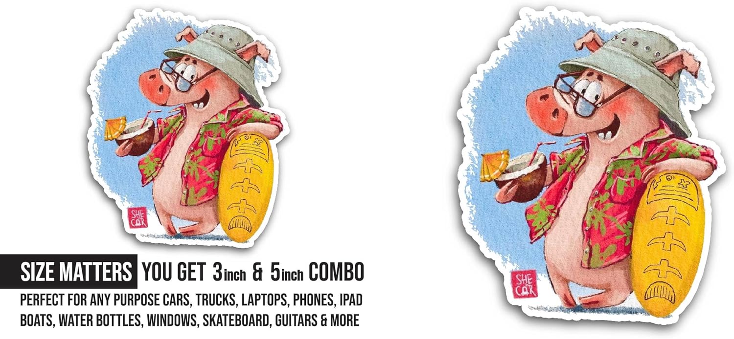 2 (Pieces) 3" and 5" Hawaiian Pig with Sunglasses Sticker, Waterproof Vinyl Decals for Many Purpose Like Cars, Trucks, Laptops, Phones, Windows and More