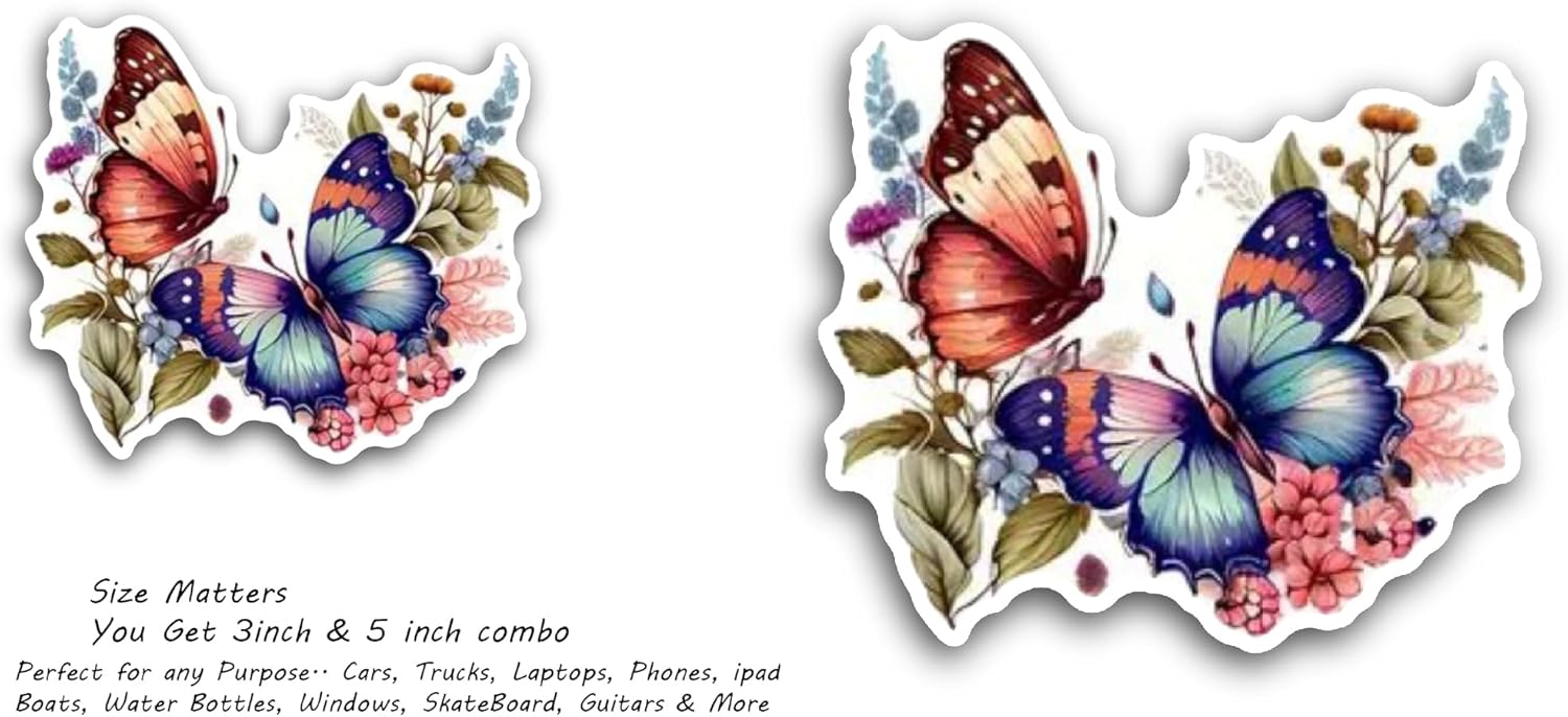 2 (Pieces) 3" and 5" Colorful Butterflies Sticker, Waterproof Vinyl Decals for Many Purpose Like Cars, Trucks, Laptops, Phones, Windows and More