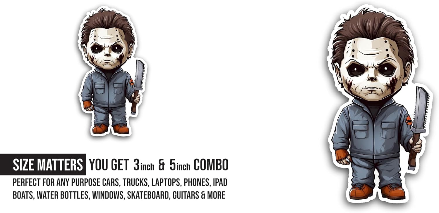 2 (Pieces) 3" and 5" Zombie with Mask and Knife Sticker, Waterproof Vinyl Decals for Many Purpose Like Cars, Trucks, Laptops, Phones, Windows and More