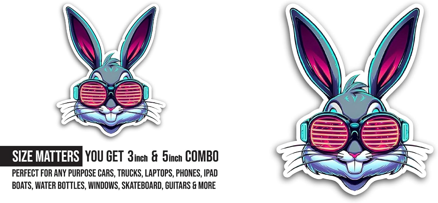 2 (Pieces) 3" and 5" Bunny with Shades Sticker, Waterproof Vinyl Decals for Many Purpose Like Cars, Trucks, Laptops, Phones, Windows and More
