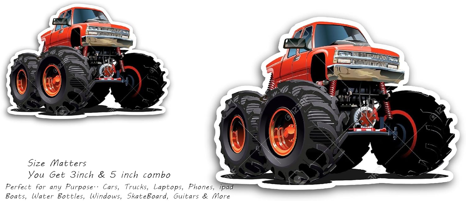 2 (Pieces) 3" and 5" Monster Truck Sticker, Waterproof Vinyl Decals for Many Purpose Like Cars, Trucks, Laptops, Phones, Windows and More
