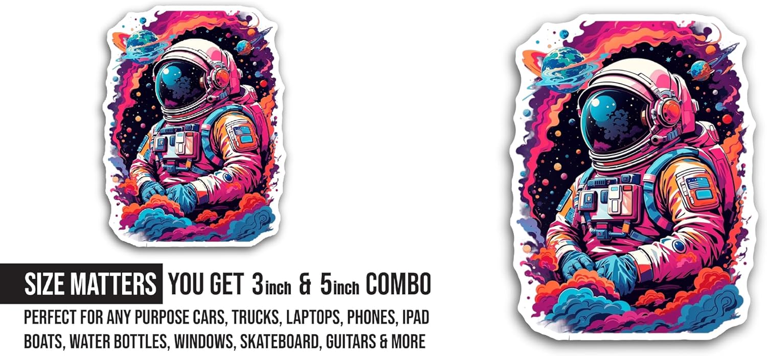 2 (Pieces) 3" and 5" Astronaut Galaxy Sticker, Waterproof Vinyl Decals for Many Purpose Like Cars, Trucks, Laptops, Phones, Windows and More